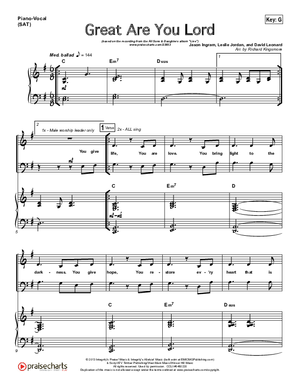 Great Are You Lord (Choral Anthem SATB) Piano/Vocal (All Sons & Daughters / NextGen Worship / Arr. Richard Kingsmore)