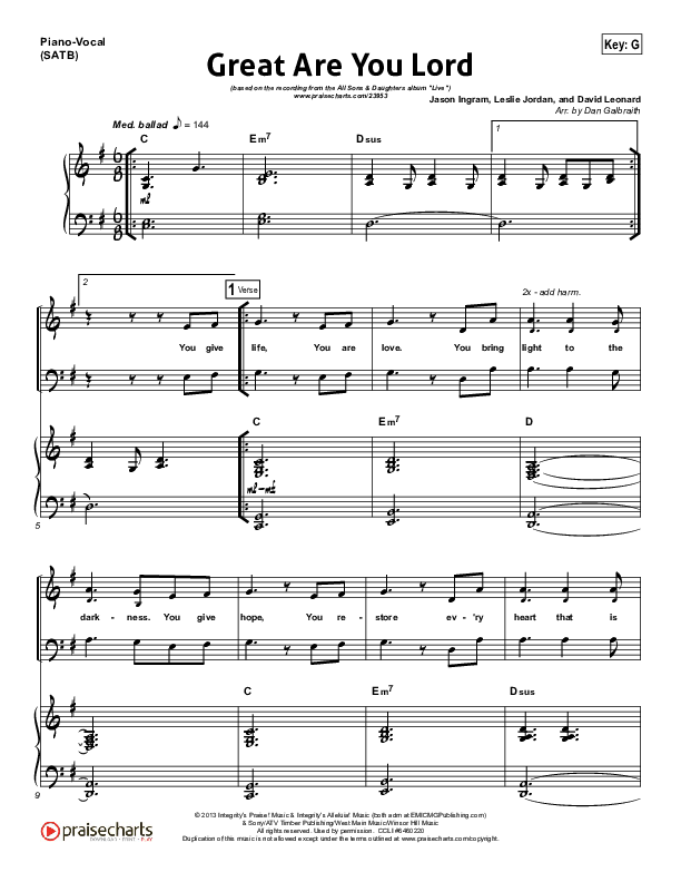 Great Are You Lord (Choral Anthem SATB) Piano/Choir (SATB) (All Sons & Daughters / NextGen Worship / Arr. Richard Kingsmore)