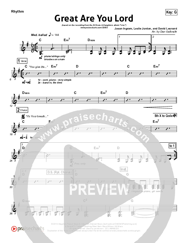 Great Are You Lord (Choral Anthem SATB) Rhythm Chart (All Sons & Daughters / NextGen Worship / Arr. Richard Kingsmore)