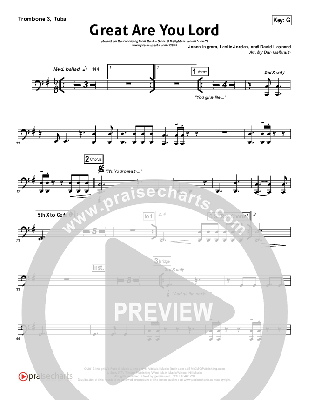 Great Are You Lord (Choral Anthem SATB) Trombone 3/Tuba (All Sons & Daughters / NextGen Worship / Arr. Richard Kingsmore)