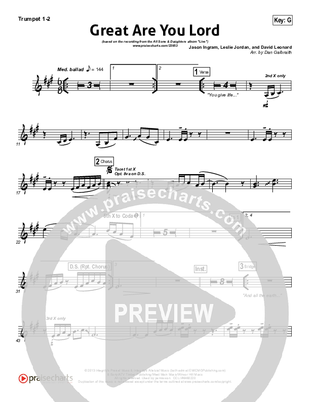 Great Are You Lord (Choral Anthem SATB) Trumpet 1,2 (All Sons & Daughters / NextGen Worship / Arr. Richard Kingsmore)