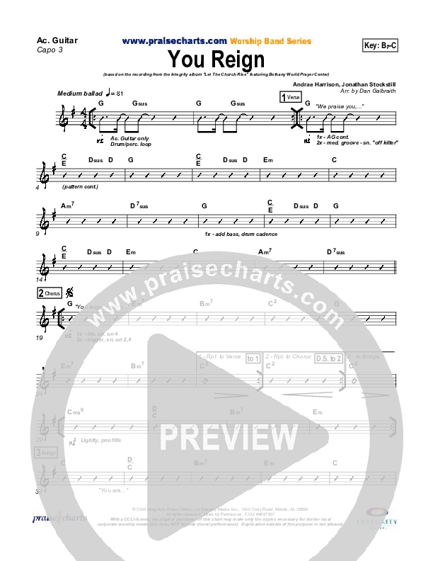 You Reign Rhythm Chart (Bethany Music / Jonathan Stockstill)