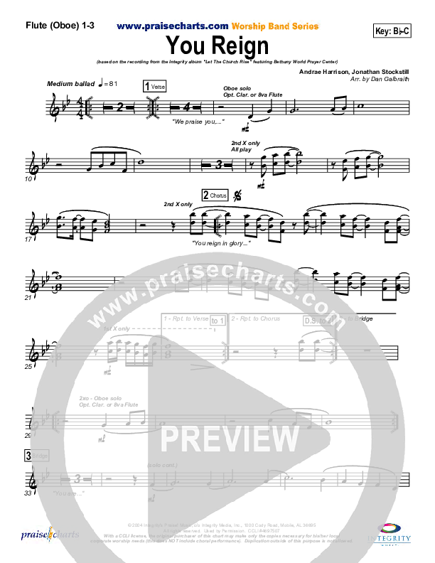 You Reign Flute/Oboe 1/2/3 (Bethany Music / Jonathan Stockstill)