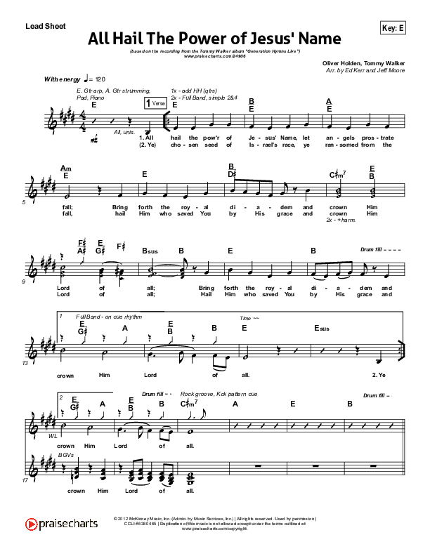 All Hail The Power Of Jesus Name Lead Sheet (Tommy Walker)
