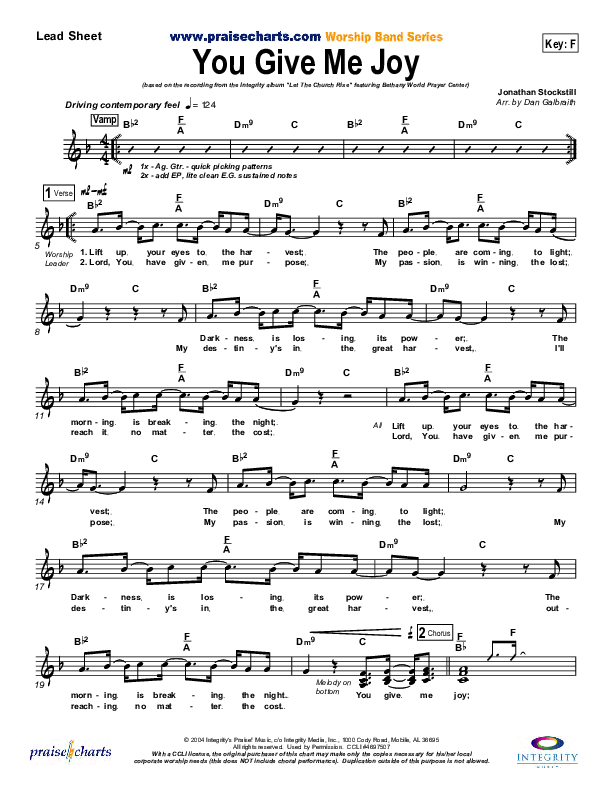 You Give Me Joy Lead Sheet (Bethany Music / Jonathan Stockstill)