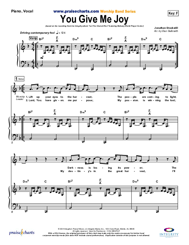 You Give Me Joy Piano/Vocal (Bethany Music / Jonathan Stockstill)