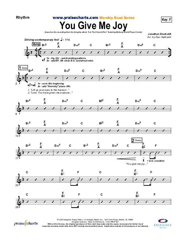 You Give Me Joy Rhythm Chart (Bethany Music / Jonathan Stockstill)