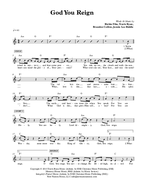 God You Reign Lead Sheet (Jennie Riddle / Travis Ryan / Brandon Michael Collins)