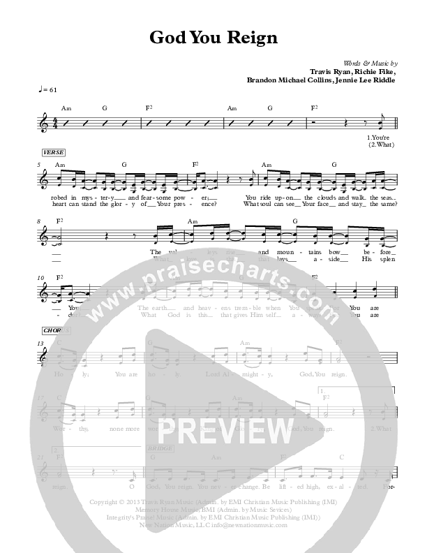 God You Reign Lead Sheet (Jennie Riddle / Travis Ryan / Brandon Michael Collins)