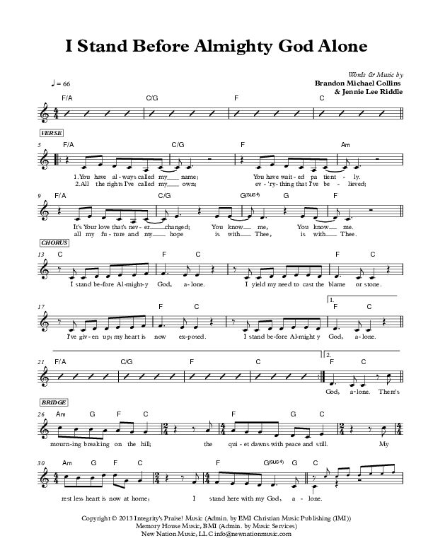 I Stand Before Almighty God Alone Lead Sheet (Jennie Riddle / Travis Ryan / Brandon Michael Collins)