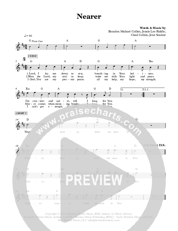 Nearer Lead Sheet (Jennie Riddle / Travis Ryan / Brandon Michael Collins)