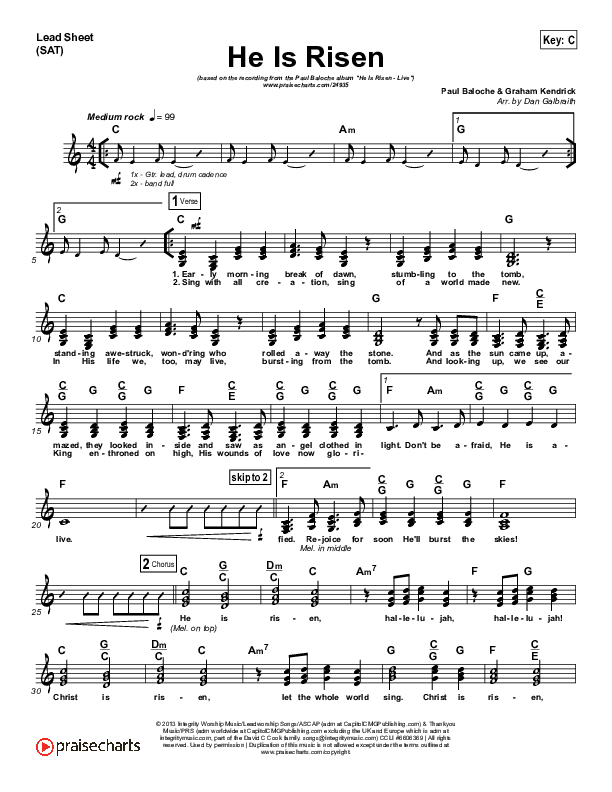 He Is Risen Lead Sheet (SAT) (Paul Baloche)