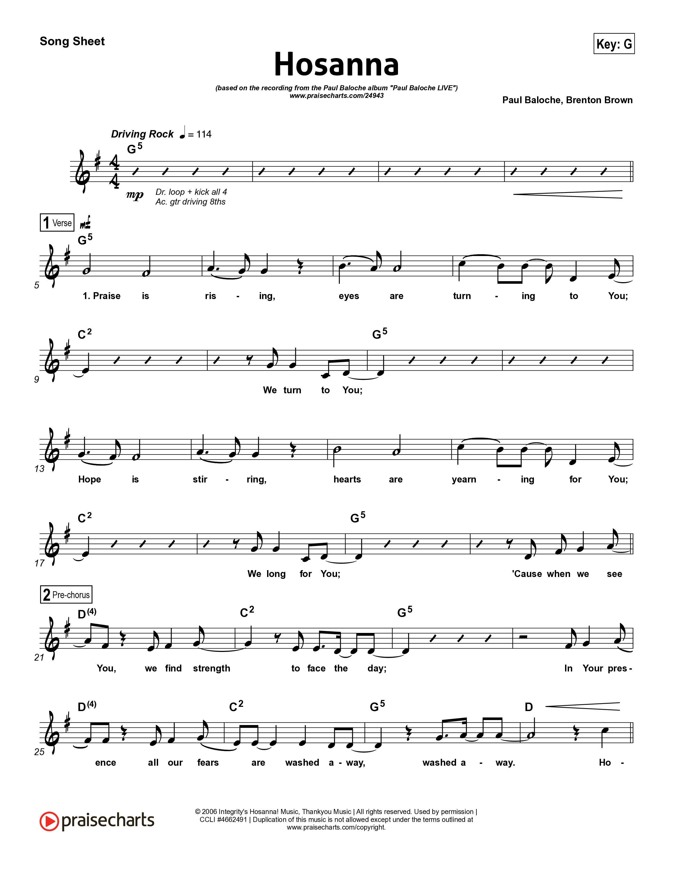 Hosanna (Praise Is Rising) Lead Sheet (SAT) (Paul Baloche)