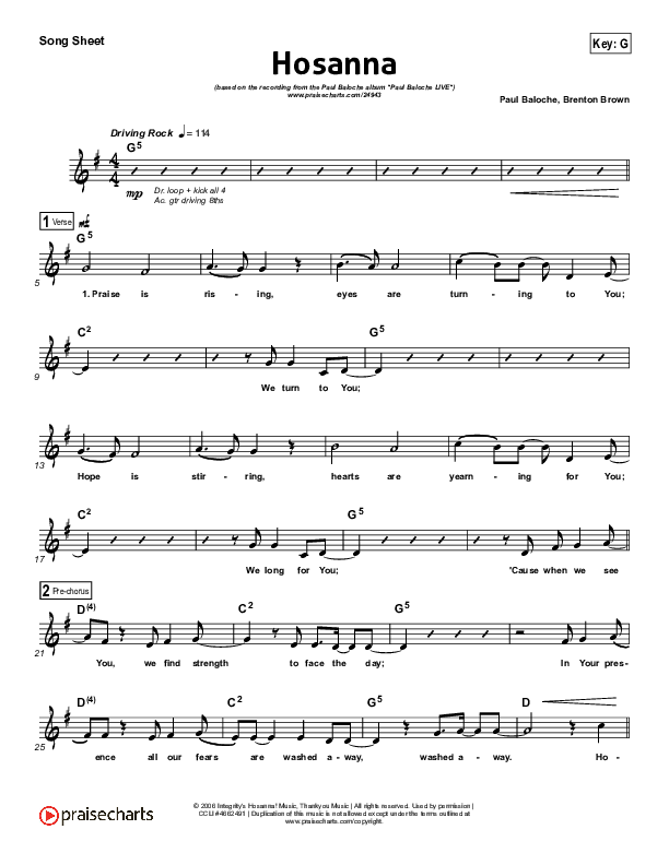 Hosanna (Praise Is Rising) sheet music for voice, piano or guitar