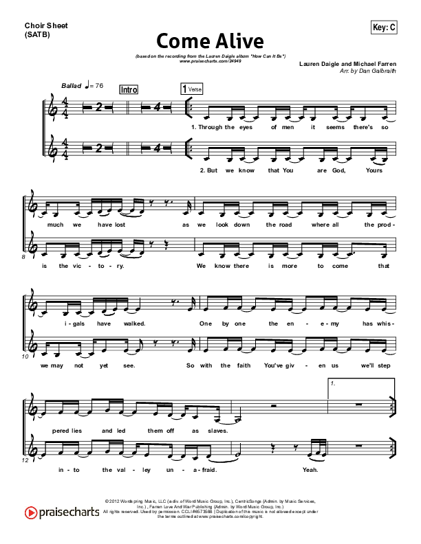 Come Alive (Dry Bones) Choir Sheet (SATB) (Lauren Daigle)