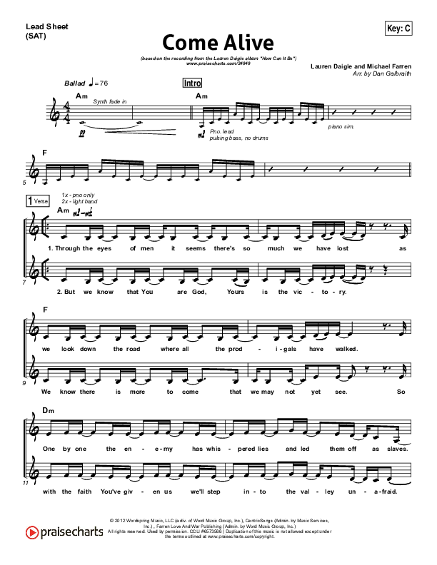 Come Alive (Dry Bones) Lead Sheet (SAT) (Lauren Daigle)