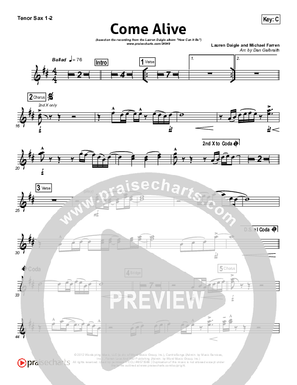 Come Alive (Dry Bones) Tenor Sax 1/2 (Lauren Daigle)