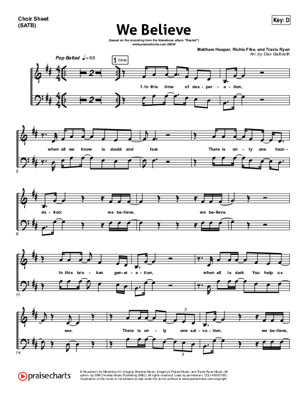 We Believe Choir Sheet (SATB) (Newsboys)
