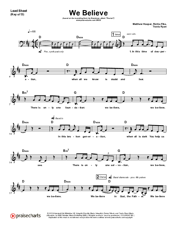 We Believe Lead Sheet (Melody) (Newsboys)