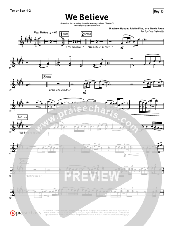 We Believe Tenor Sax 1/2 (Newsboys)