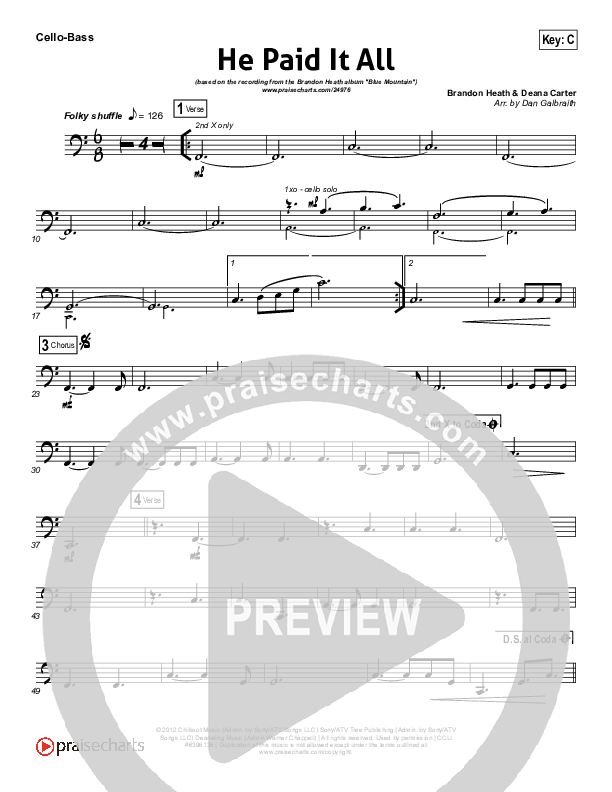He Paid It All Cello/Bass (Brandon Heath)
