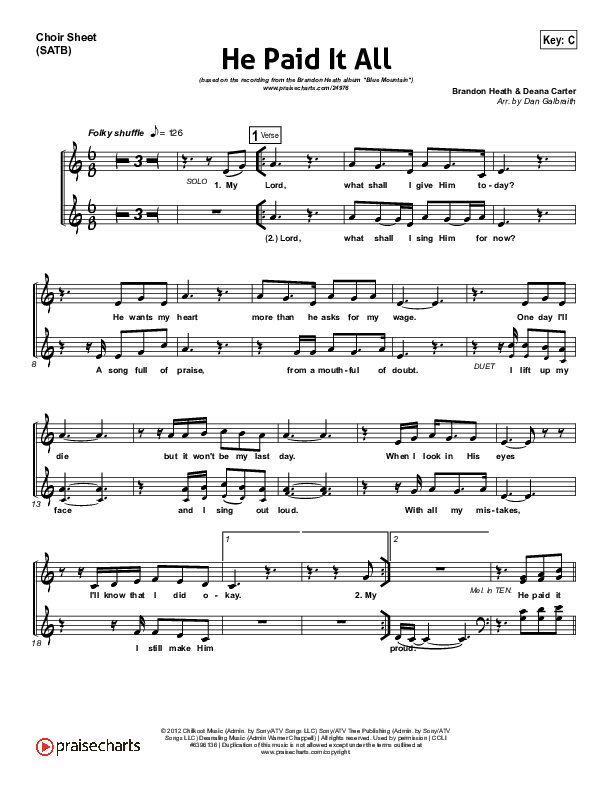 He Paid It All Choir Sheet (SATB) (Brandon Heath)