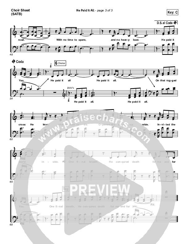 He Paid It All Choir Sheet (SATB) (Brandon Heath)