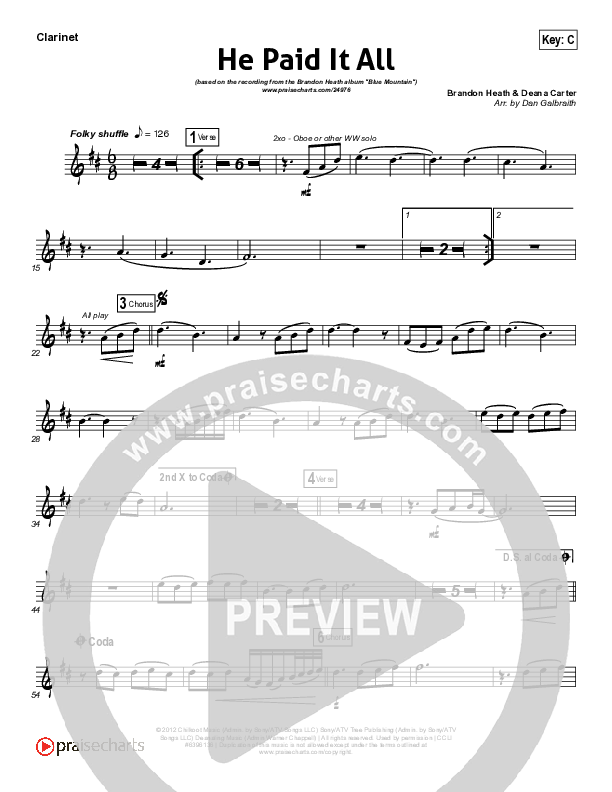 He Paid It All Clarinet (Brandon Heath)
