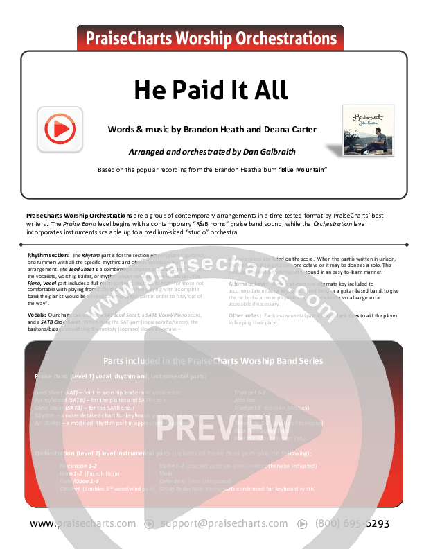 He Paid It All Cover Sheet (Brandon Heath)