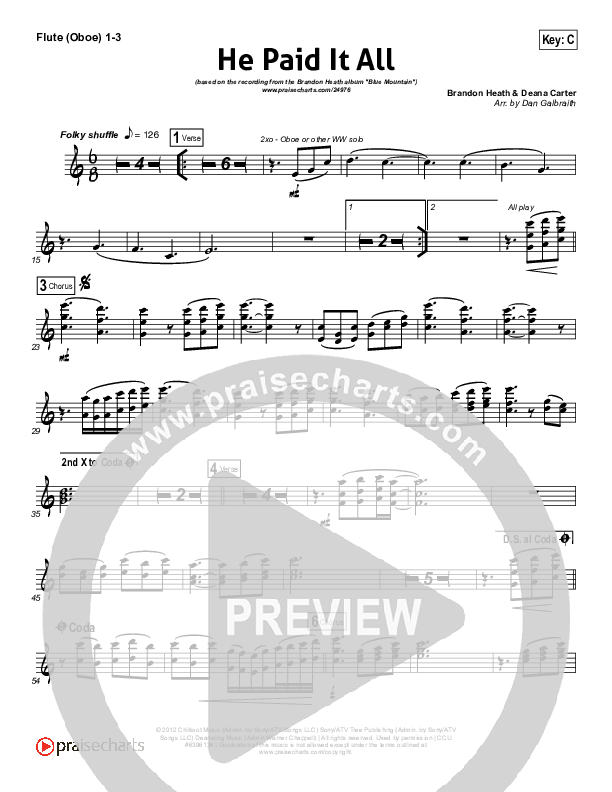 He Paid It All Flute/Oboe 1/2/3 (Brandon Heath)