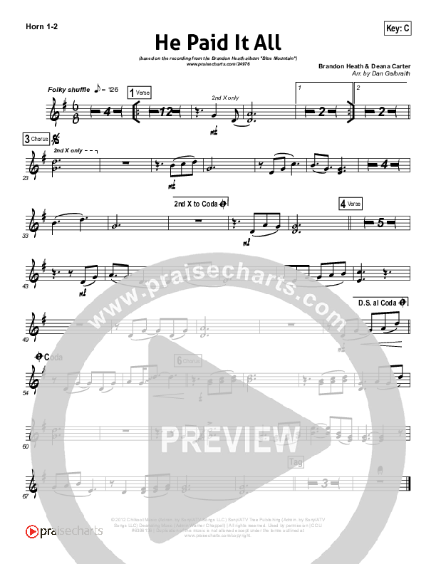 He Paid It All French Horn 1/2 (Brandon Heath)