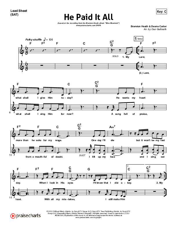He Paid It All Lead Sheet (SAT) (Brandon Heath)