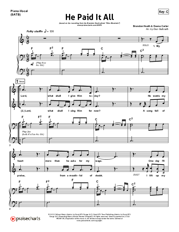 He Paid It All Piano/Vocal Pack (Brandon Heath)