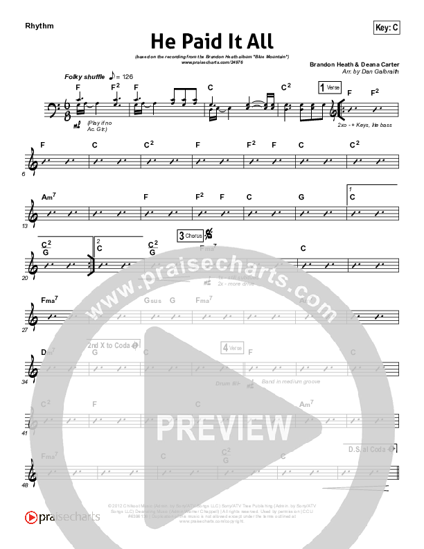 He Paid It All Rhythm Chart (Brandon Heath)