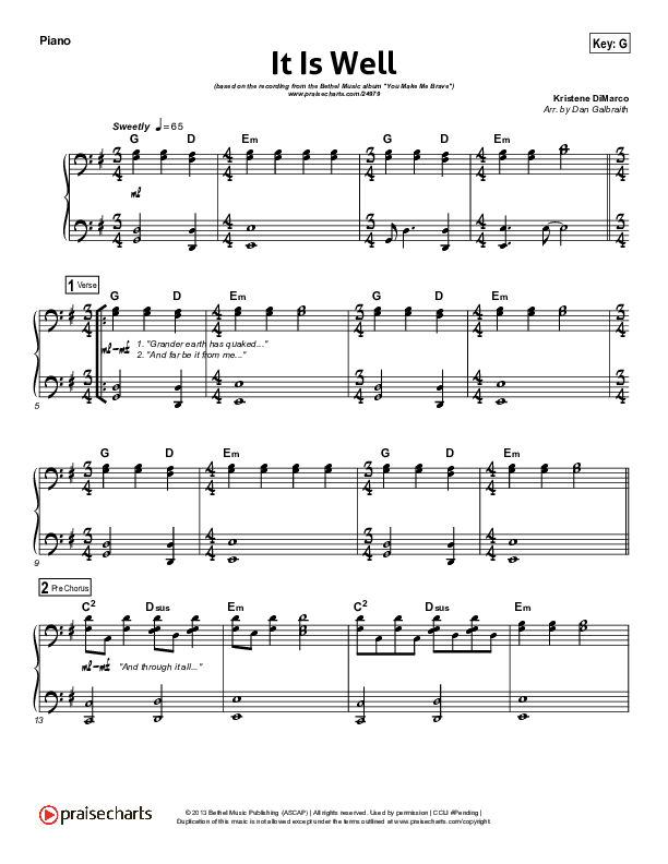 It Is Well Piano Sheet (Kristene DiMarco / Bethel Music)