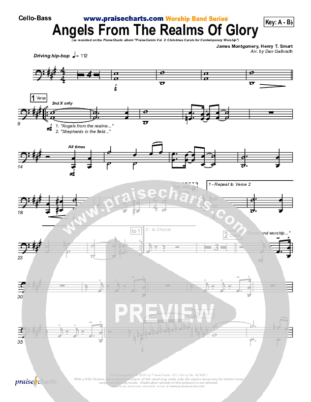 Angels From The Realms Of Glory Cello/Bass (PraiseCharts Band / Arr. Daniel Galbraith)