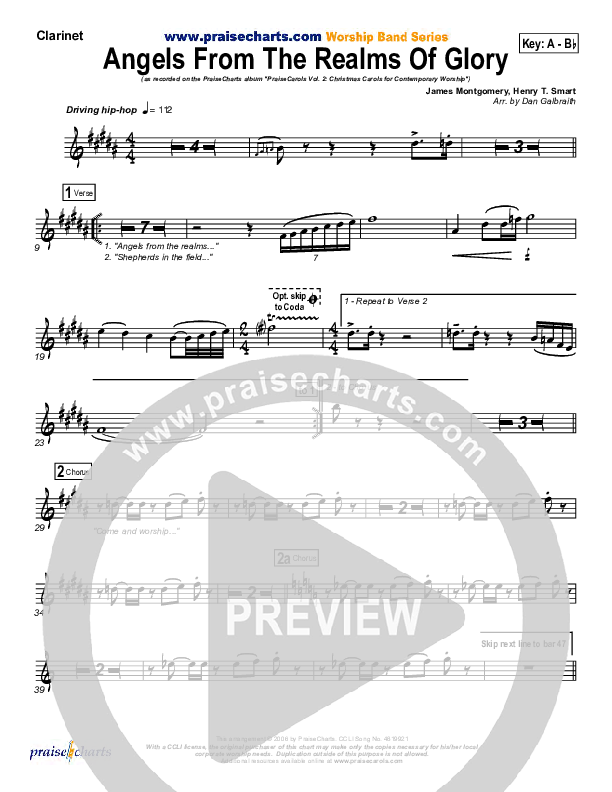 Angels From The Realms Of Glory Clarinet (PraiseCharts Band / Arr. Daniel Galbraith)