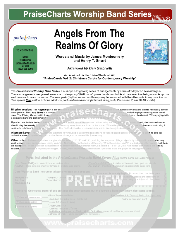 Angels From The Realms Of Glory Cover Sheet (PraiseCharts Band / Arr. Daniel Galbraith)