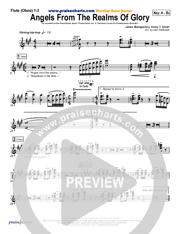Angels From The Realms Of Glory Flute/Oboe 1/2/3 (PraiseCharts Band / Arr. Daniel Galbraith)