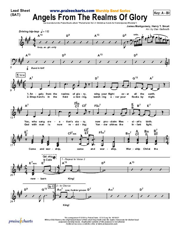 Angels From The Realms Of Glory Lead Sheet (SAT) (PraiseCharts Band / Arr. Daniel Galbraith)