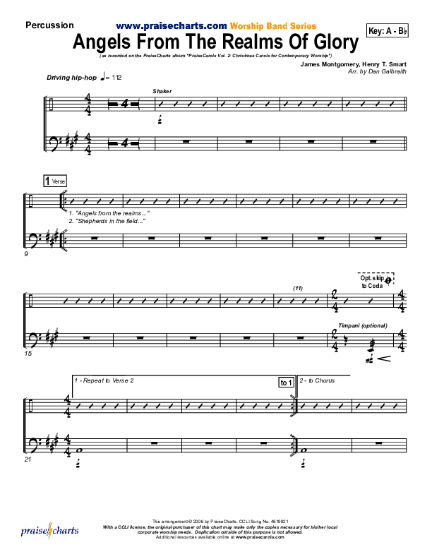 Angels From The Realms Of Glory Percussion (PraiseCharts Band / Arr. Daniel Galbraith)