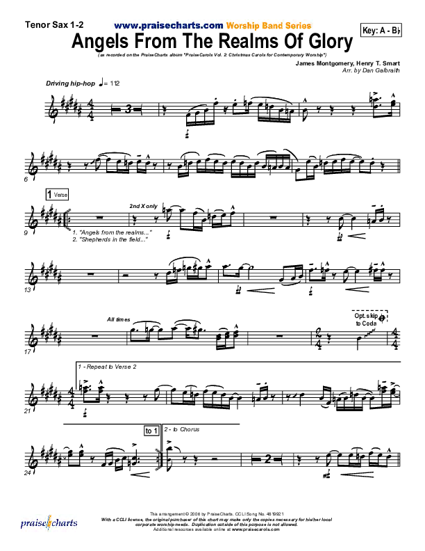 Angels From The Realms Of Glory Tenor Sax 1/2 (PraiseCharts Band / Arr. Daniel Galbraith)