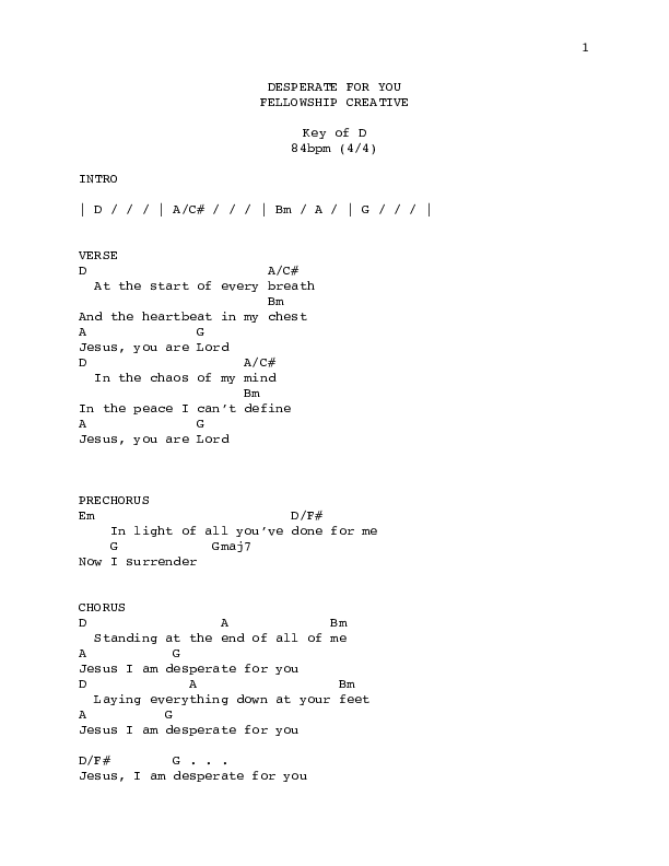 Desperate For You Chords & Lyrics (Fellowship Creative)
