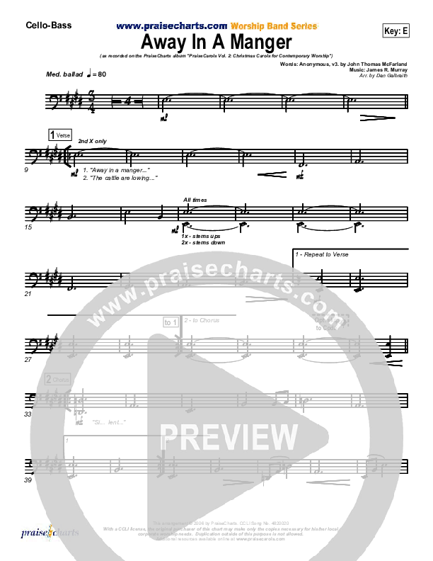 Away In A Manger Cello/Bass (PraiseCharts Band / Arr. Daniel Galbraith)