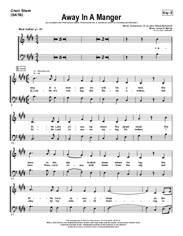 Away In A Manger Choir Vocals (SATB) (PraiseCharts Band / Arr. Daniel Galbraith)