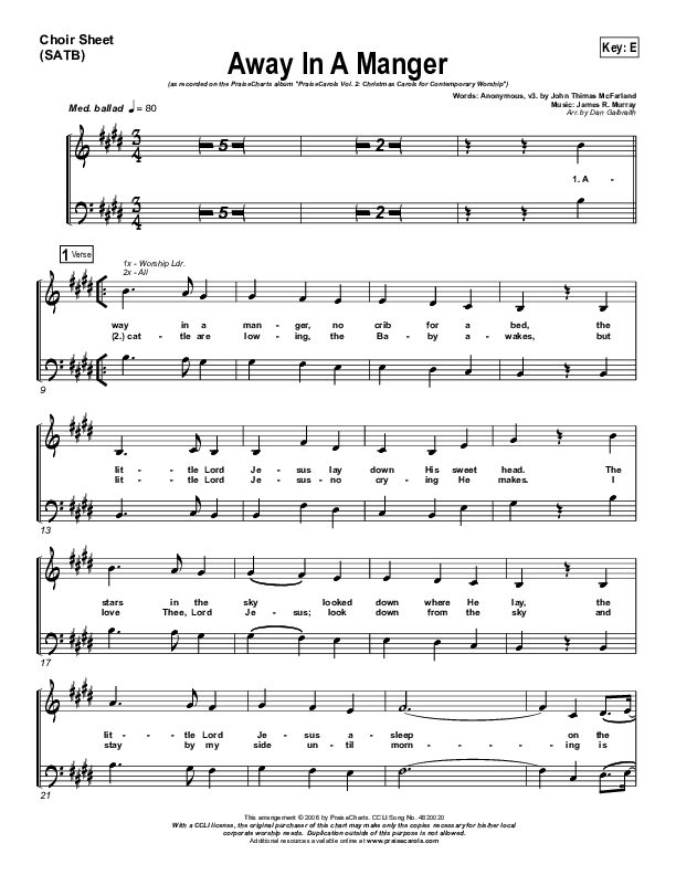 Away In A Manger Choir Sheet (SATB) (PraiseCharts Band / Arr. Daniel Galbraith)
