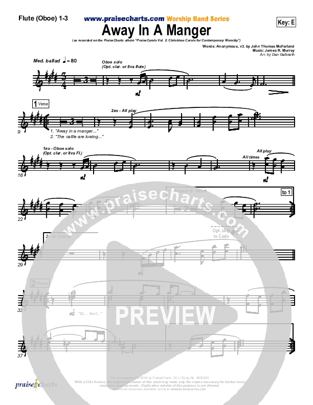 Away In A Manger Flute/Oboe 1/2/3 (PraiseCharts Band / Arr. Daniel Galbraith)