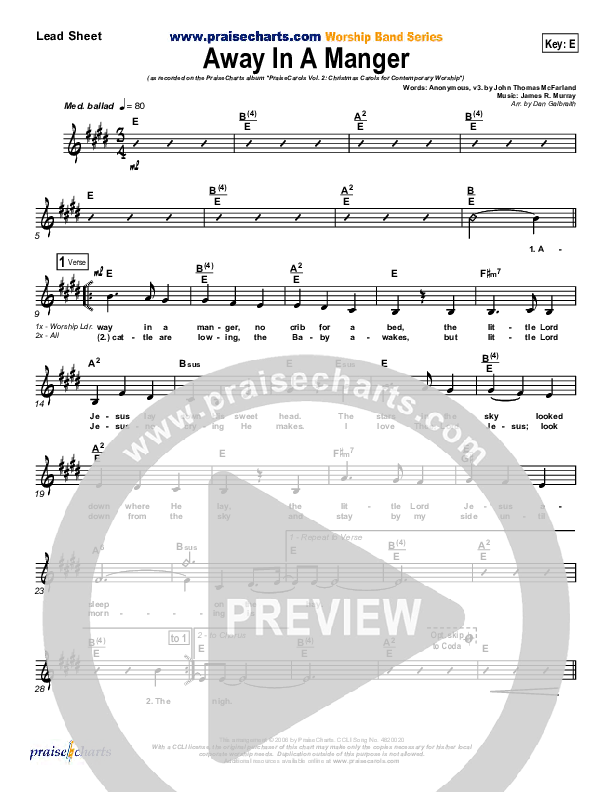 Away In A Manger Lead Sheet (PraiseCharts Band / Arr. Daniel Galbraith)