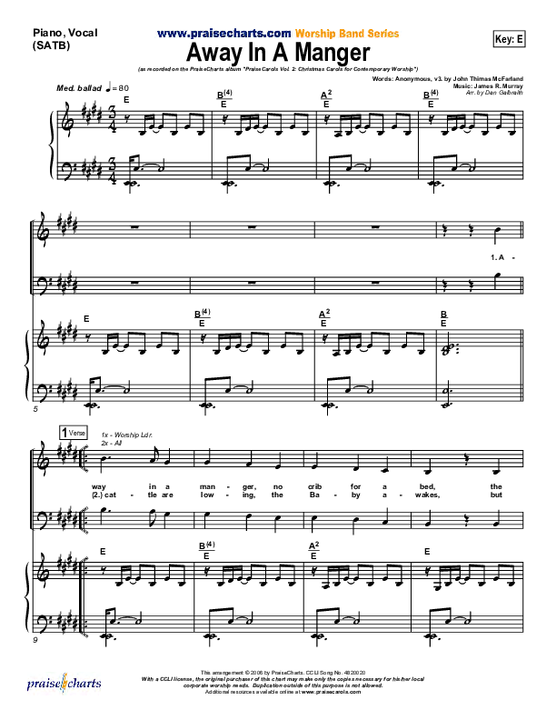 Away In A Manger Piano/Vocal (PraiseCharts Band / Arr. Daniel Galbraith)