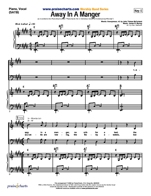Away In A Manger Piano/Vocal (SATB) (PraiseCharts Band / Arr. Daniel Galbraith)